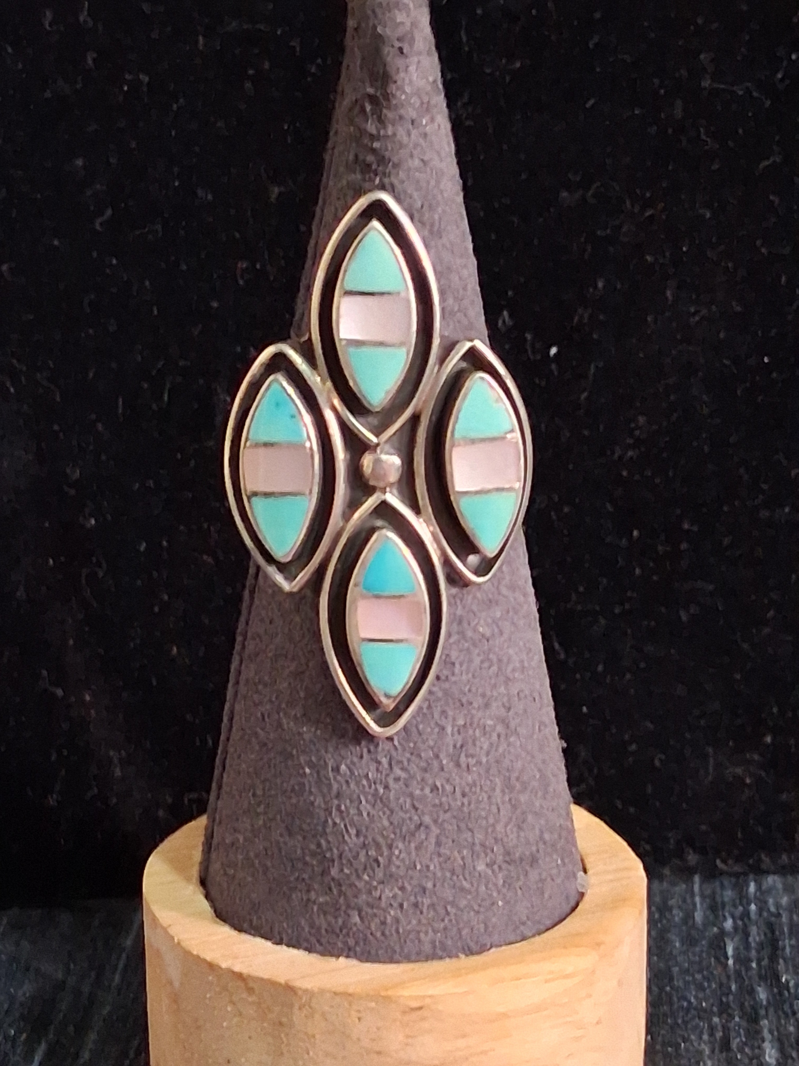 Vintage Zuni Native American Sterling Silver Turquoise Mother Pearl Inlay Ring